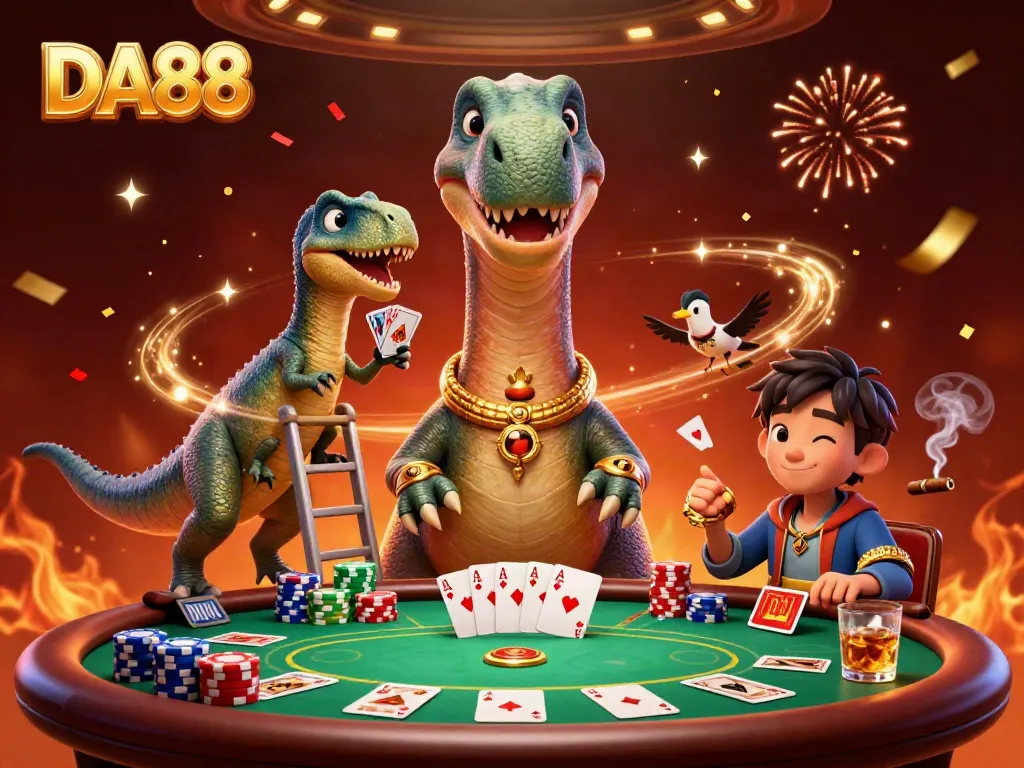 Engage with DA88 as a vibrant casino world thrives with colorful poker elements.
