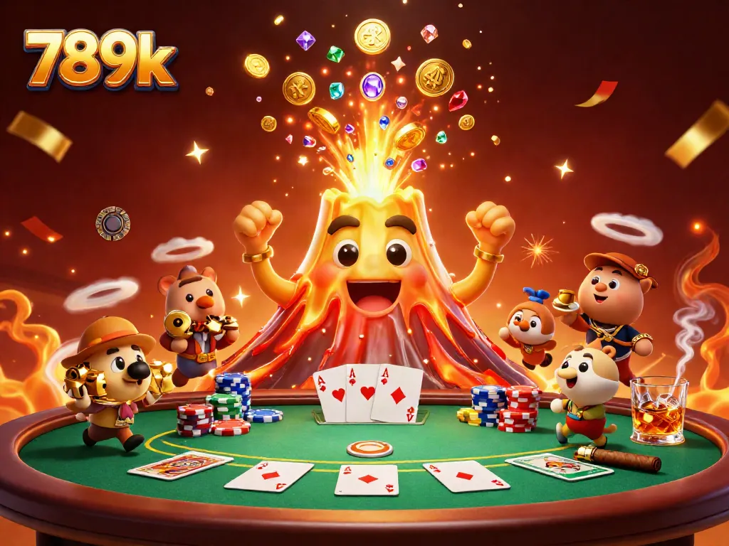 Engage with lively 789k gaming scene featuring a golden volcano erupting treasure amidst poker elements and festive effects.