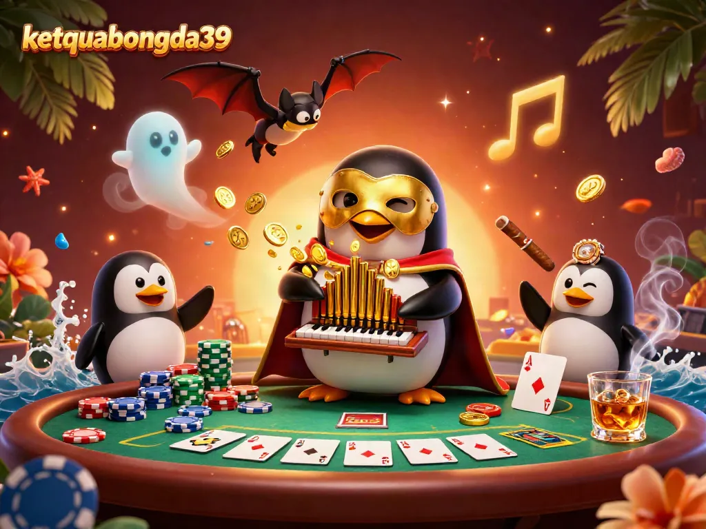 Engage with ketquabongda39 as a phantom opera penguin plays gold coin music at a vibrant poker table.