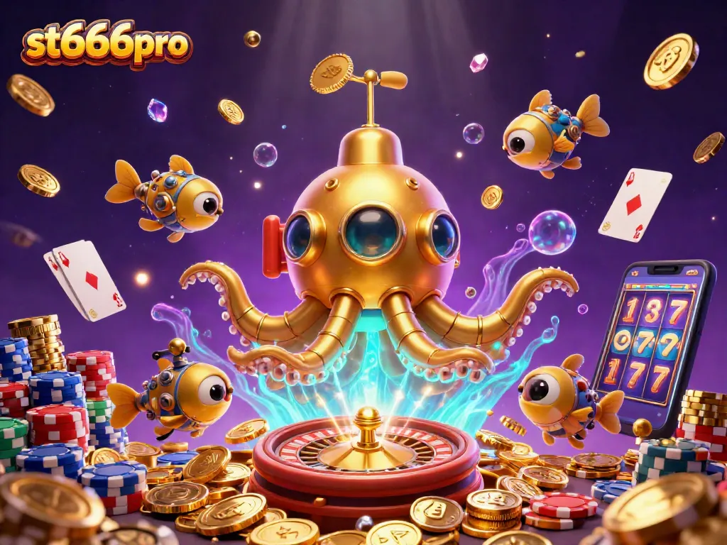 Engage in st666pro's thrilling games featuring a golden kraken submarine amidst cascading coins.