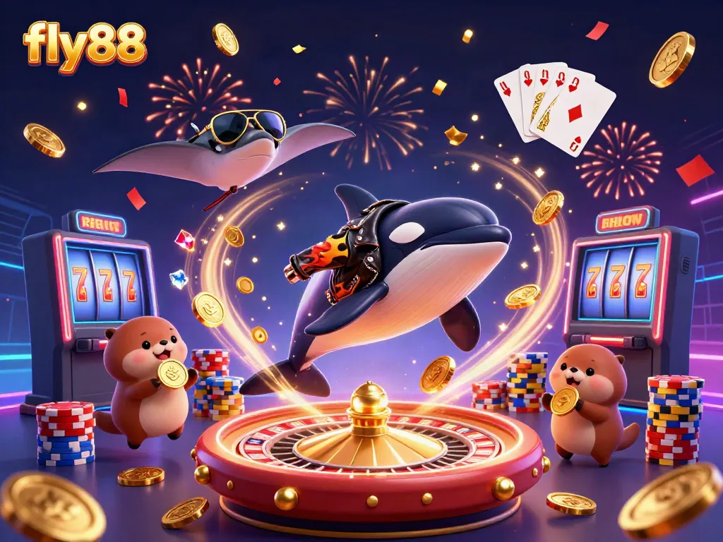 Experience exciting wins with fly88, featuring vibrant casino elements and animated sea creatures.