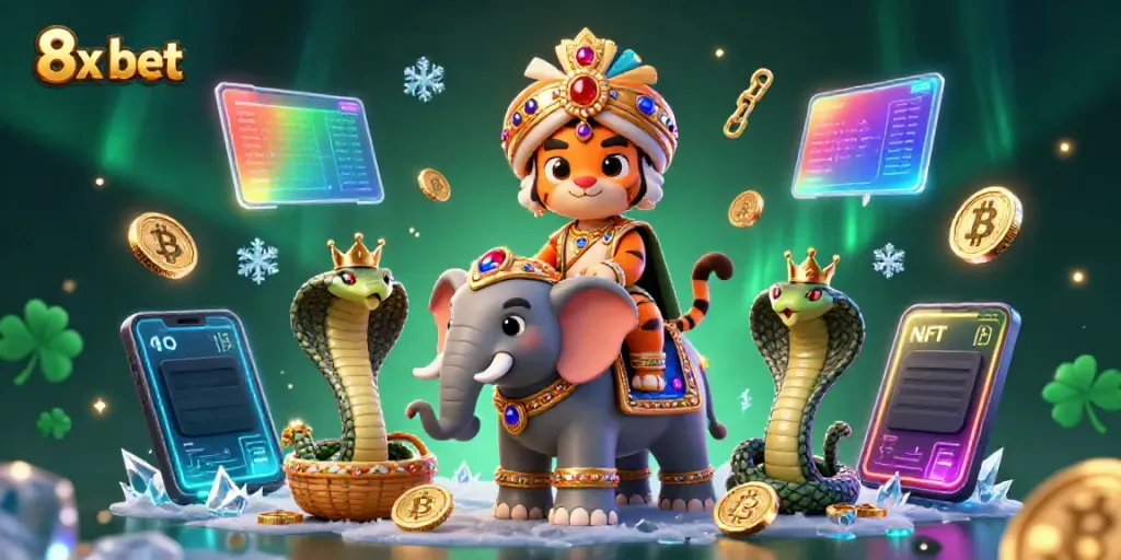 Engage in thrilling gameplay with 8x bet, featuring dynamic 3D tiger, elephant, and cryptocurrency elements in an online casino setting.