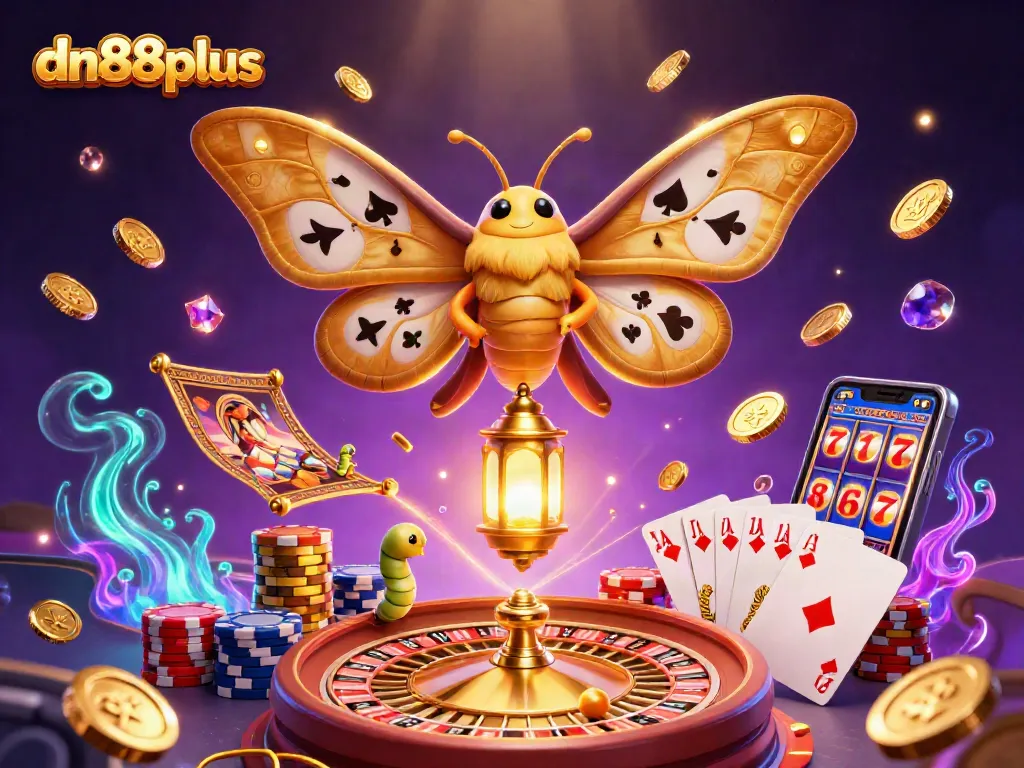 Experience thrilling wins with dn88plus, featuring a majestic moth and vibrant casino elements in 3D.