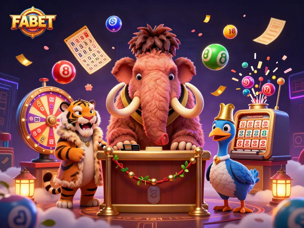 FABET's vibrant scene showcases a woolly mammoth checking IDs, inviting players to exciting lottery games.
