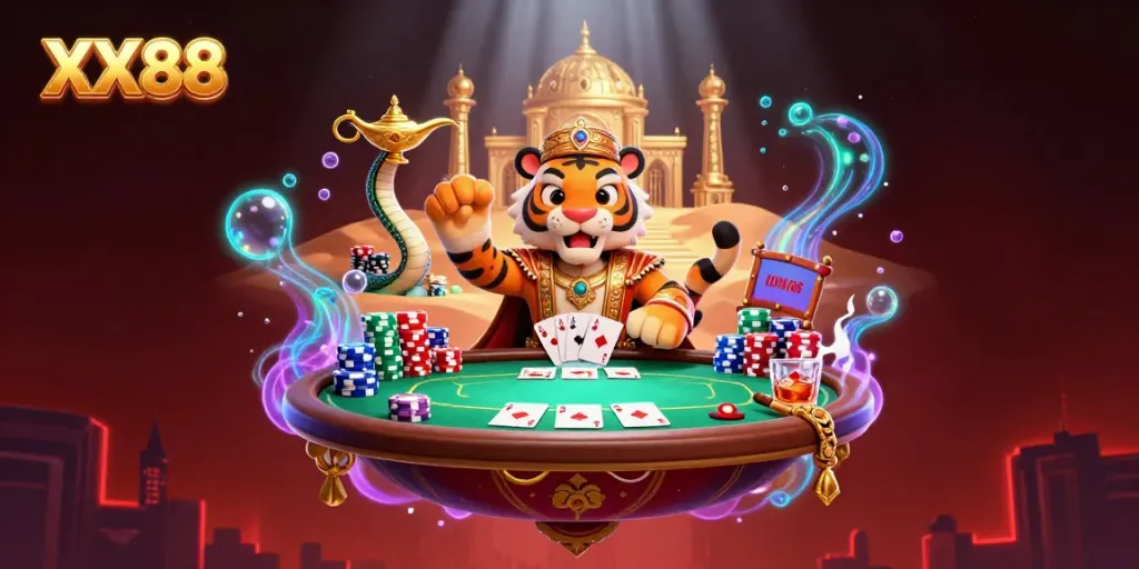 Experience the thrill of gaming at XX88 with a cartoon tiger sultan, golden palace, and vibrant poker elements.