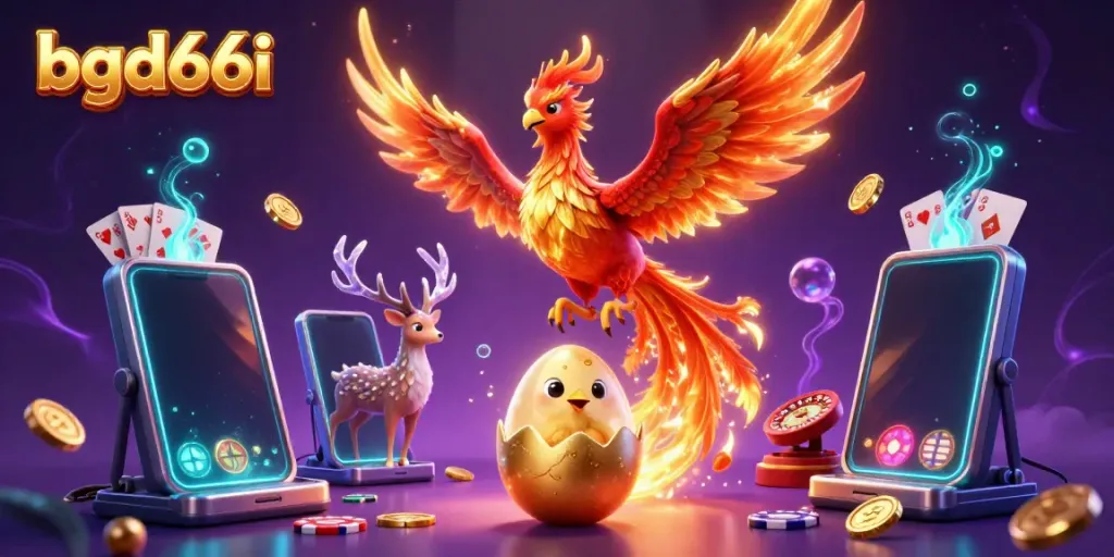 Engage with bgd66i through a vibrant 3D scene featuring a majestic phoenix, baby chick, and a mystical stag amidst rich casino elements.