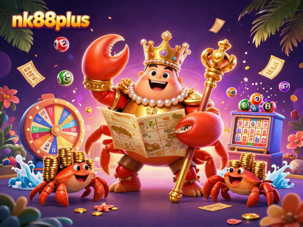 Experience the thrills of nk88plus with a vibrant 3D scene full of dynamic lottery elements and an emperor crab character.
