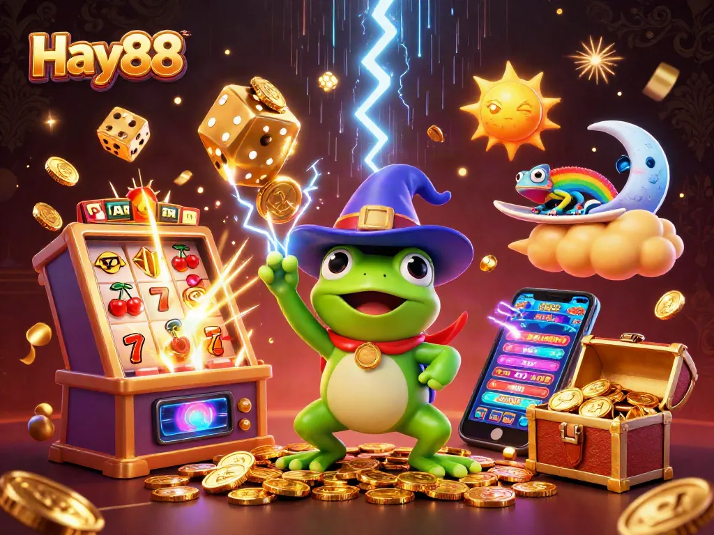 Experience Hay88 as a lively online casino with vibrant characters and exciting game elements.