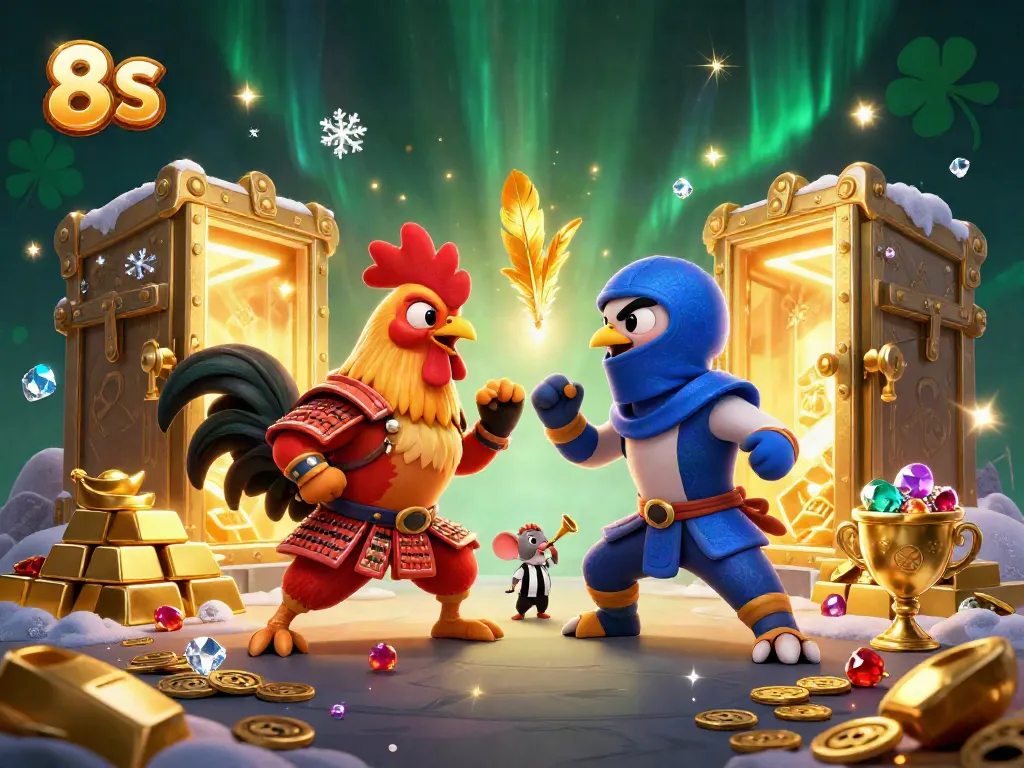 Engage in high-stakes action with 8 S as roosters clash amidst gold and jewels in this vibrant casino scene.
