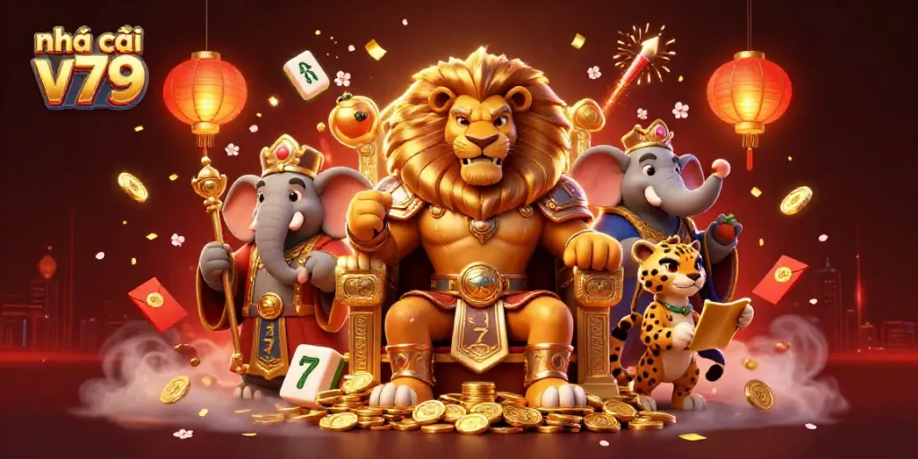 Engage with nhà cái v79 in a vibrant 3D casino scene showcasing a lion king and dynamic gaming elements.