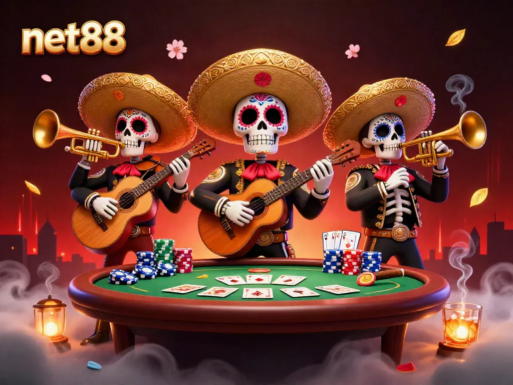 Engage with net88 at a vibrant cartoon casino scene, where skeleton mariachi players celebrate gambling.