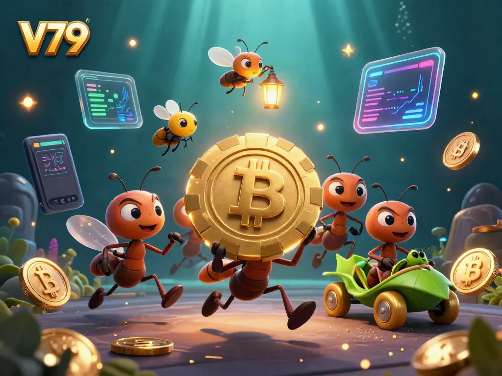 Engage with the dynamic V79 heist scene featuring cartoon ants and crypto elements, perfect for gambling excitement.