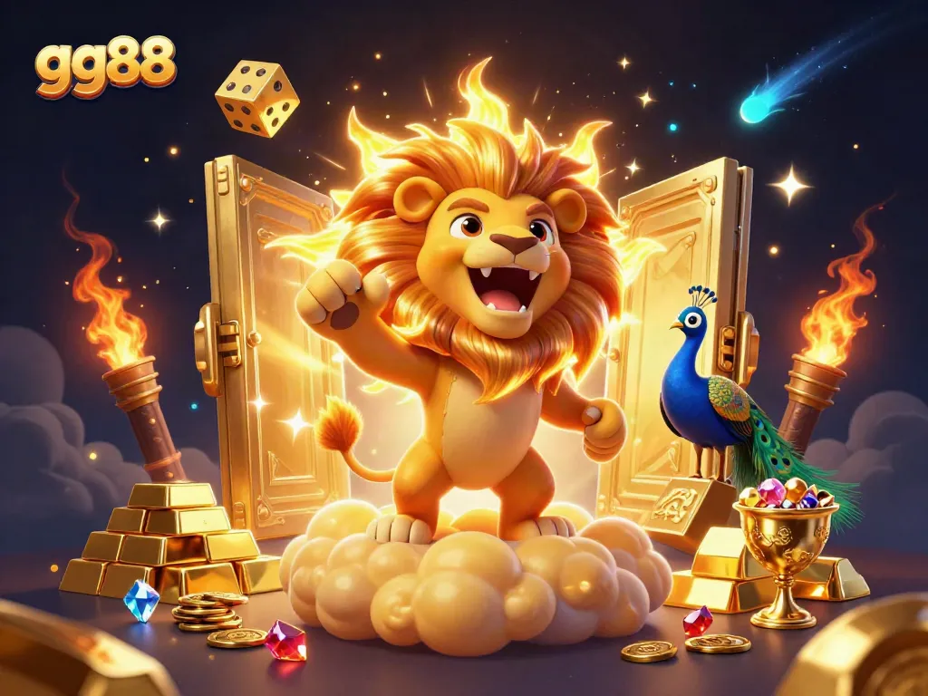 Experience the excitement of gg88 with a vibrant casino scene filled with golden treasures and game symbols.