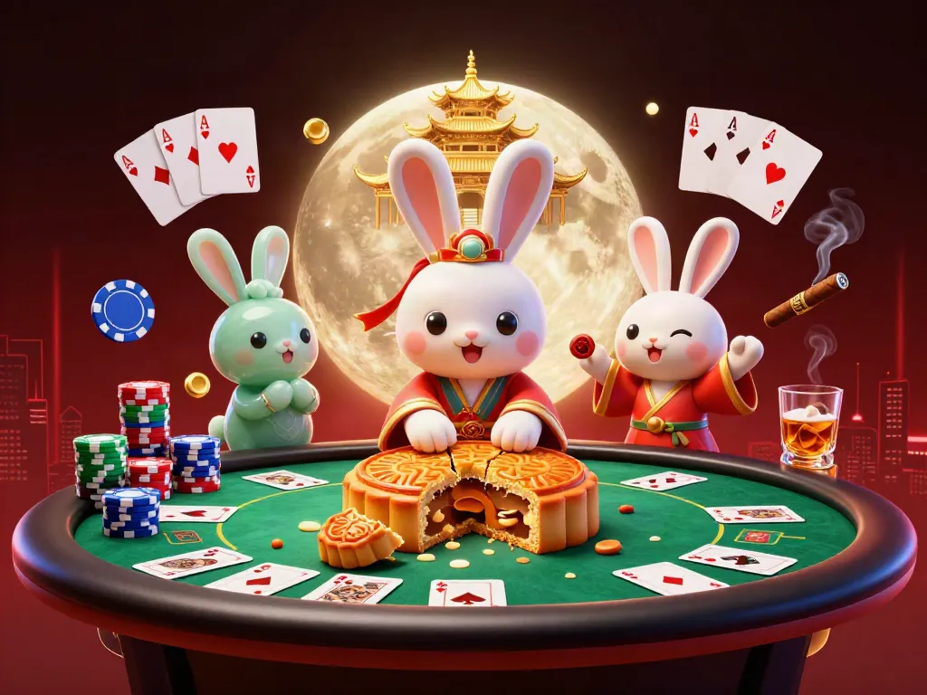 uu88 showcases a whimsical moon rabbit pounding mooncakes revealing poker chips on a lunar casino