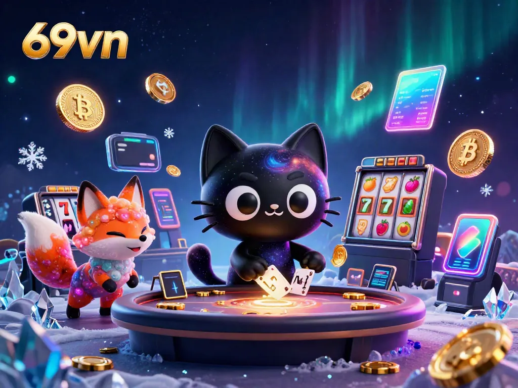 Experience the excitement at 69vn as a cosmic cat draws golden chips and slot reels in a vibrant casino scene.
