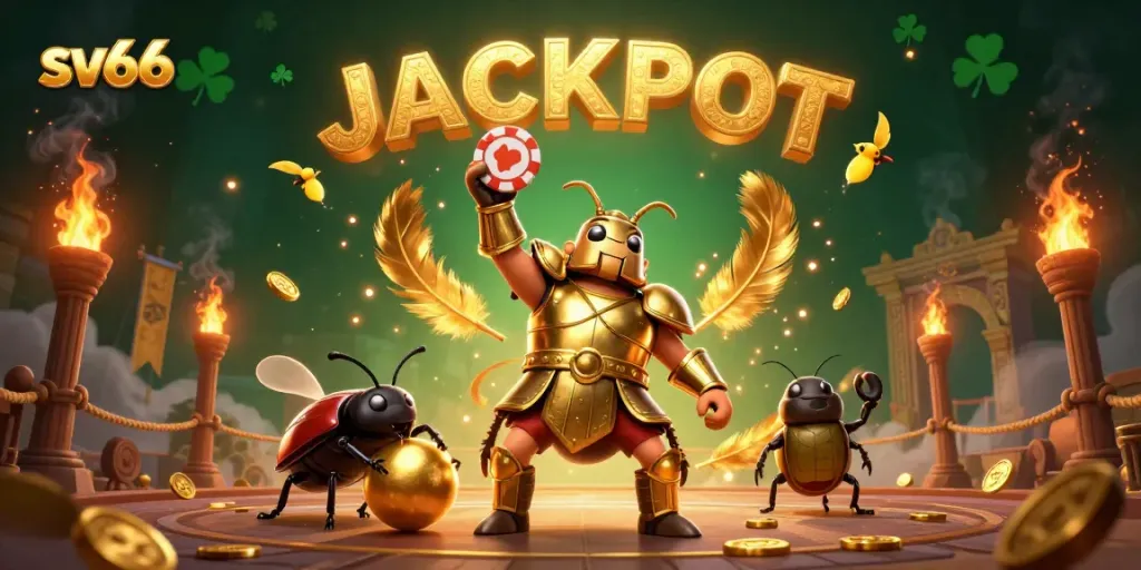 sv66 showcases a victorious hercules beetle in casino glory, rolling poker chips and golden rewards.