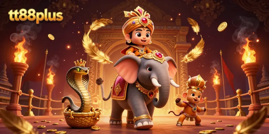 Experience the excitement of tt88plus as a maharaja tiger commands a jewel-encrusted elephant in a vibrant casino scene.