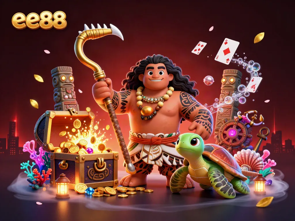 Engage with thrilling games at EE88, captured in a vibrant 3D illustration showcasing a dynamic casino atmosphere.