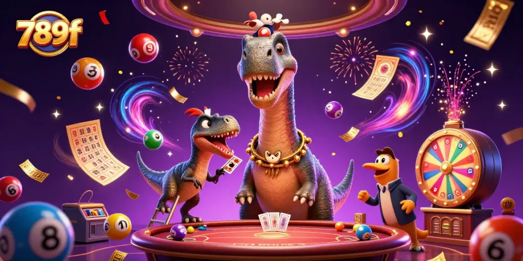 Engage in thrilling gameplay at 789f with a dynamic casino-themed scene featuring imaginative characters and bright elements.