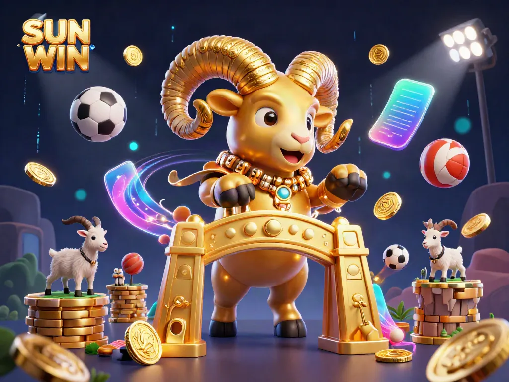 SUN WIN's dynamic game atmosphere with a golden ram charging, surrounded by sports elements, showcasing exciting betting action.