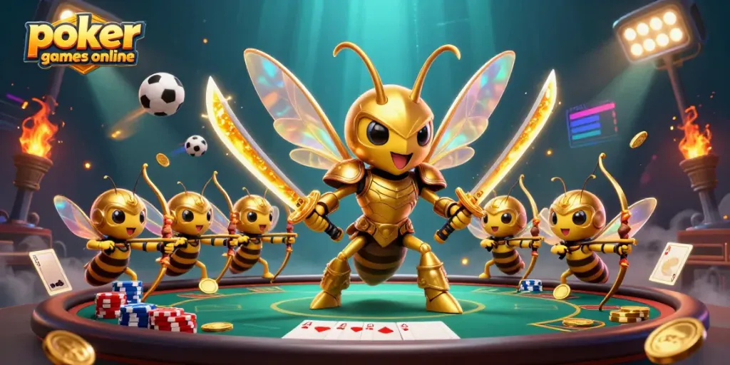 Experience thrill with vibrant poker games online, featuring a dynamic hornet warrior and poker elements.