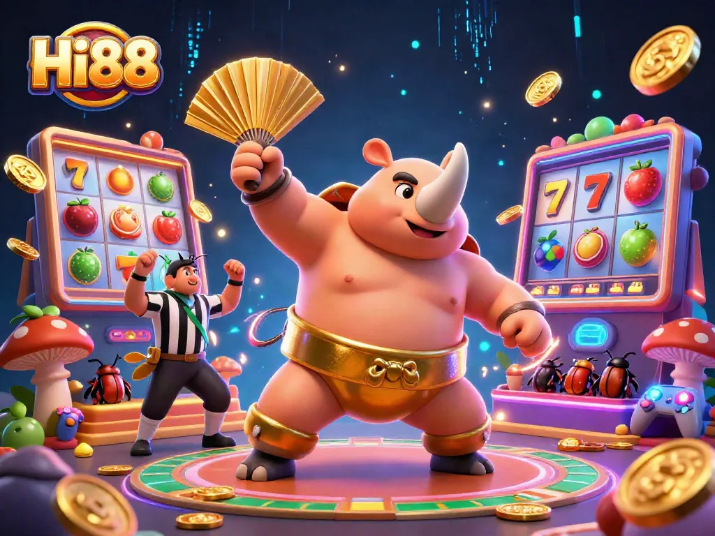Experience the excitement of Hi88 with a vibrant 3D scene of a beetle champion in a casino setting!
